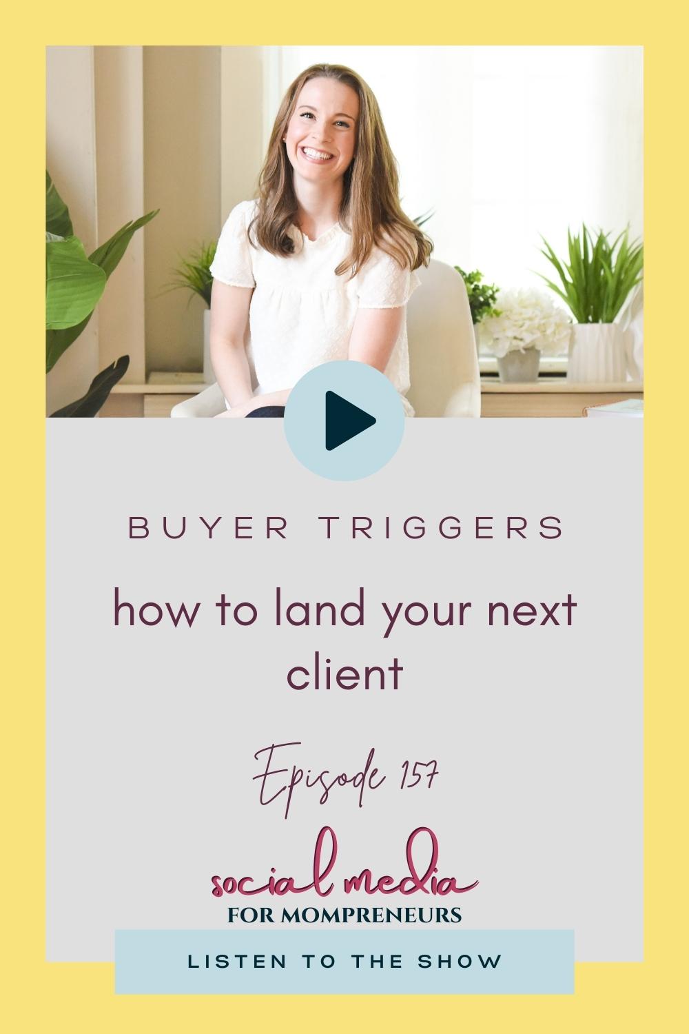 on the left, Elena Ciccotelli, a white female with long blonde hair, is sitting on a white, upholstered chair. Under this are the words buyer trigers, how to land your next client