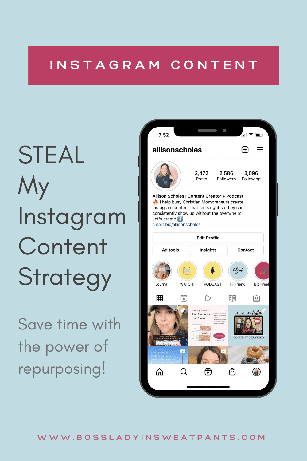 blue graphic with cell phone Instagram bio, Instagram content strategy