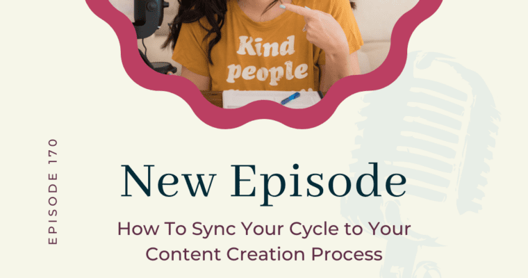 podcast graphic of woman with long dark hair holding a mic for the social media for mompreneurs podcast, how to sync your cycle to your content creation process