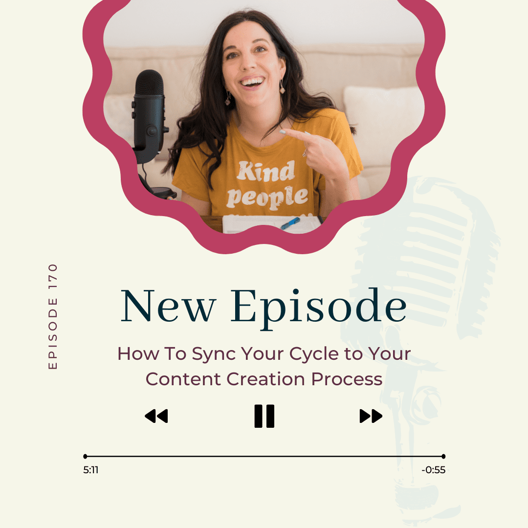 podcast graphic of woman with long dark hair holding a mic for the social media for mompreneurs podcast, how to sync your cycle to your content creation process