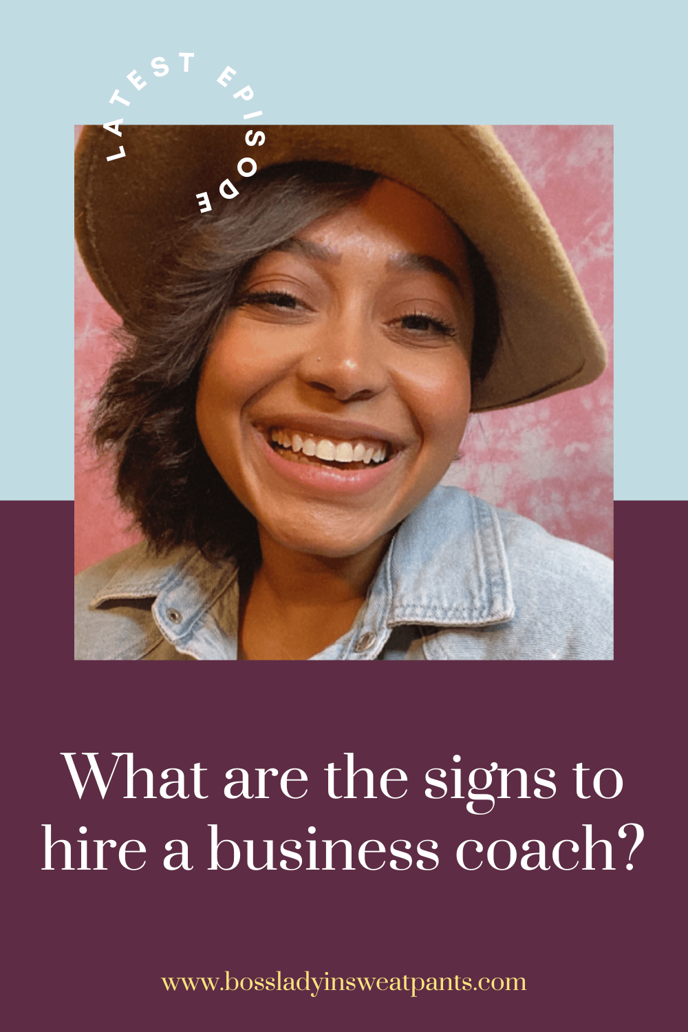 blue/purple graphic with a photo of a woman and text: what are the signs to hire a business coach