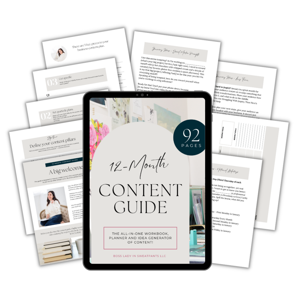 graphic of an iPad and sheets of paper showcasing the 12-Month Content Guide by Allison Scholes