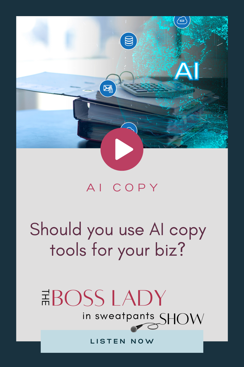 blue graphic with text AI Copy - Should you use AI copy tools for your business?
