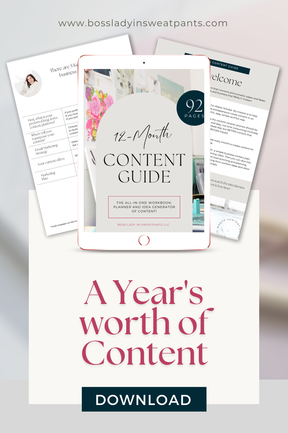 mockup ipad graphic with artwork for the 12-month content guide by Allison Scholes, www.bossladyinsweatpants.com