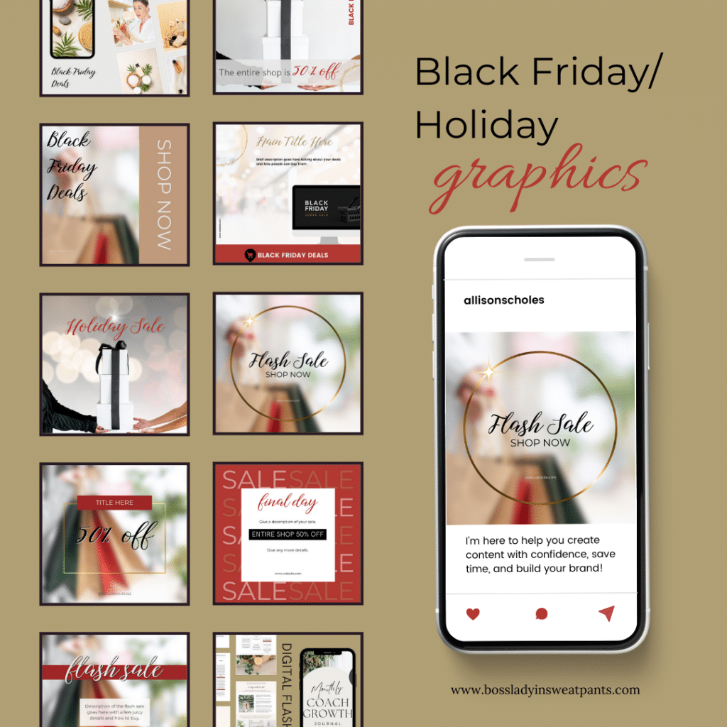 olive background with cell phone mockup and 10 black friday graphics